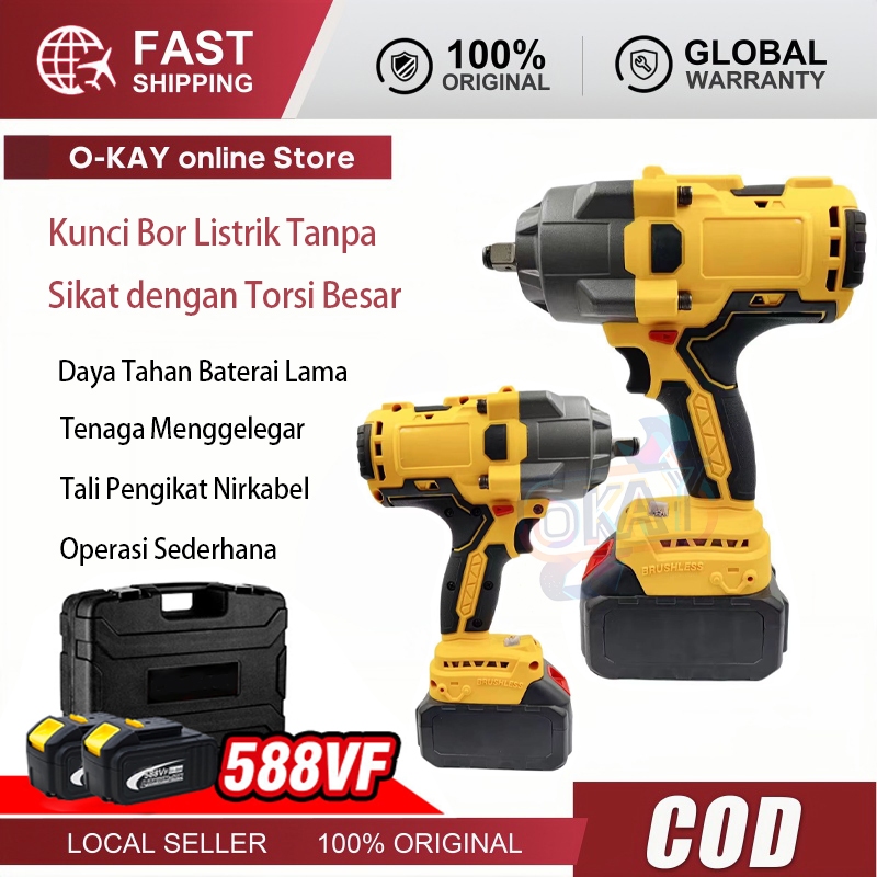 Alat Listrik Genggam 588VF Baterai, Kunci Pas Elektrik Torsi 2600NM, 1/2 Inci Tanpa Kabel