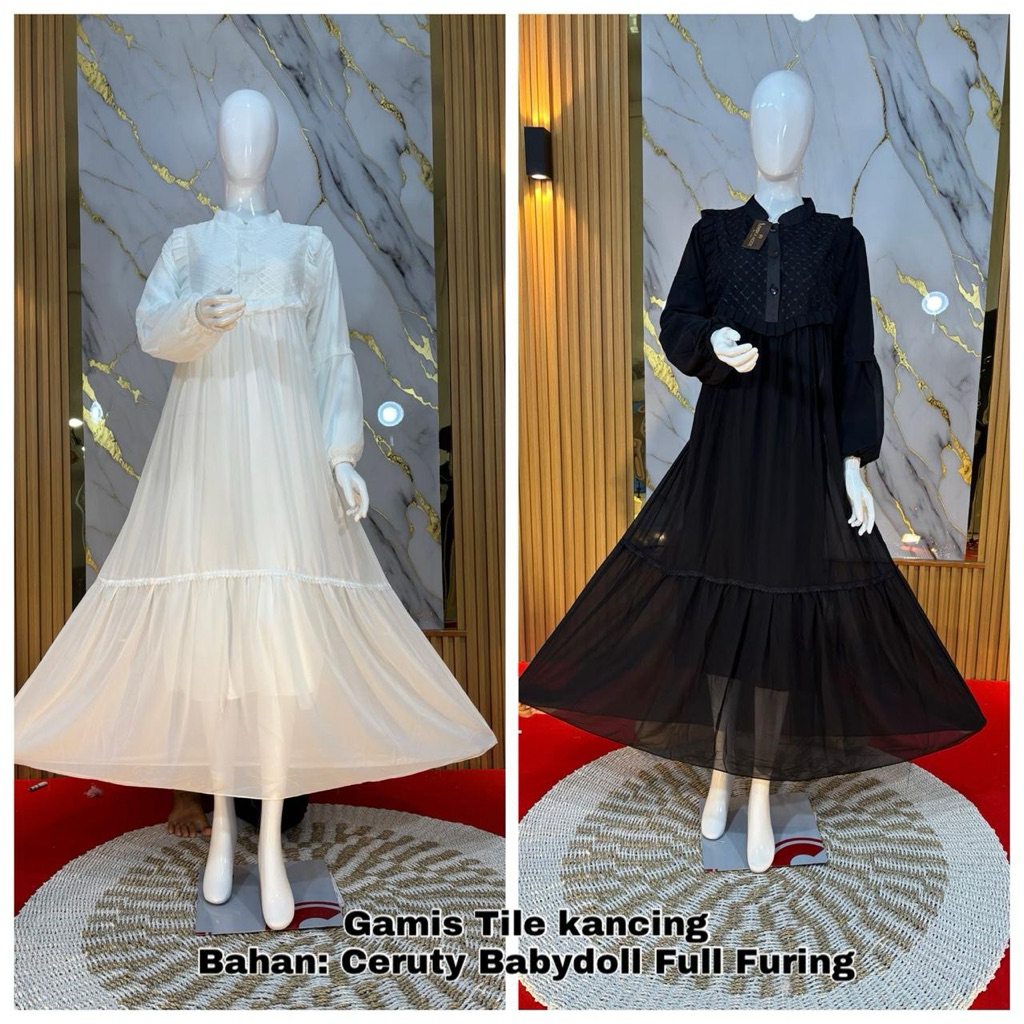 GAMIS MUSLIM DEWASA KHUSUS HITAM DAN PUTIH BAHAN CERUTY MIX RENDA DADA ( BUSUI )