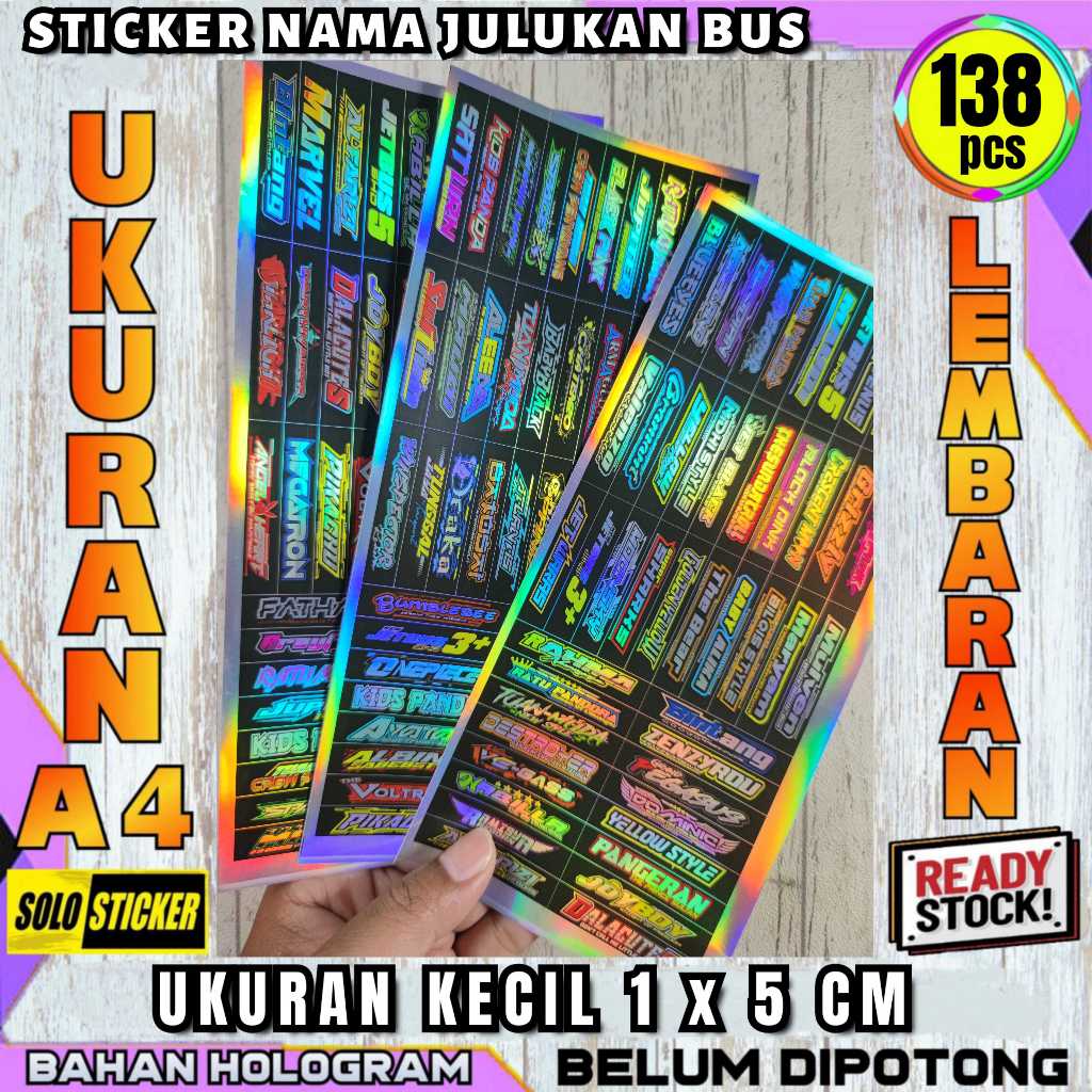 

138 pcs Sticker Nama Julukan Bus Hologram Lembaran A4 Anti Air Belum Dipotong