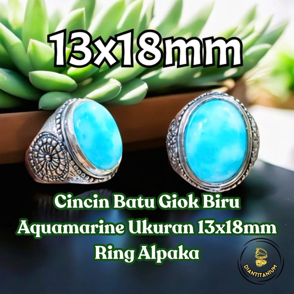 Cincin Batu Giok Biru Aquamarine Ukuran 13x18mm Ring Alpaka