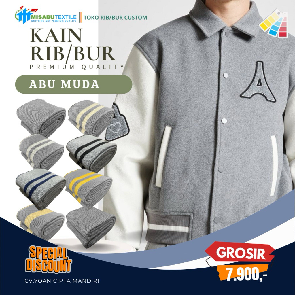 Kain rib bur abu muda polyester premium lebar kain 90cm - tebal halus dan elastis