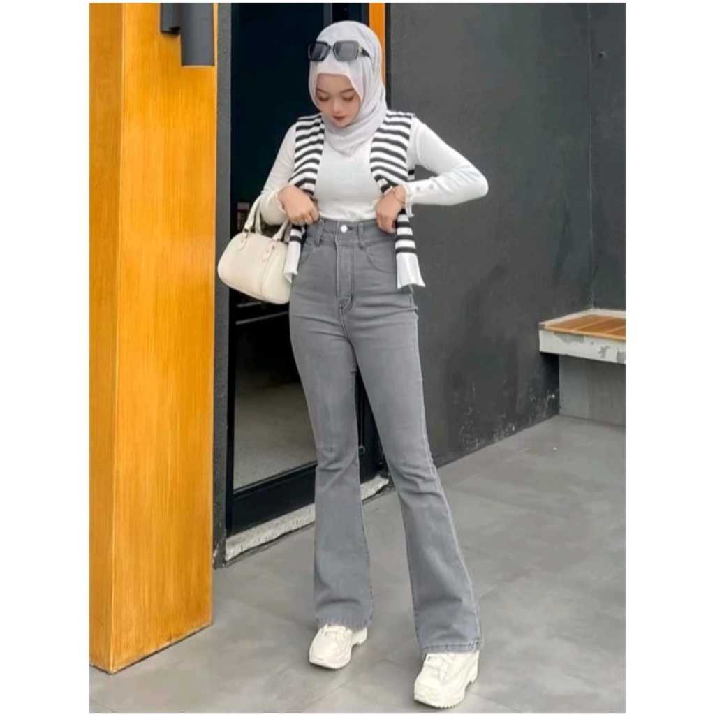 Celana Cutbray Jeans Highwaist Wanita Warna Abu