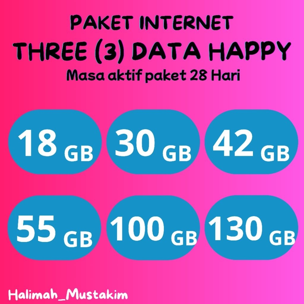 Paket Internet Tri (3) Three Data Happy (18 GB, 30 GB, 42 GB, 55 GB, 100 GB) berlaku 28 hari