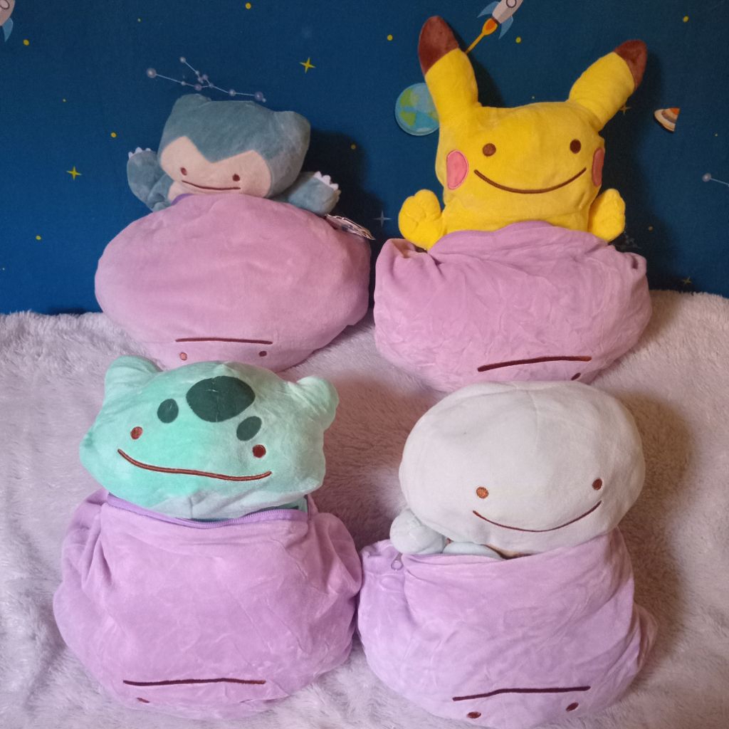 boneka pokemon pikachu bulbasaur squirtle snorlax ditto bolbal bolak balik plush doll rare