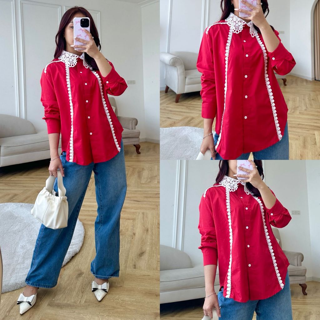 MBO ATASAN KEMEJA WANITA KOREAN STYLE MERAH PUTIH KOMBINASI BROKAT KERAH BROKAT