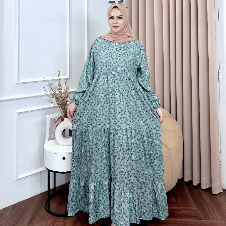 Cunda Dress Pita Kecil Lengan Balon Gamis Rayon Diamond Size M - XXXL Resleting Depan