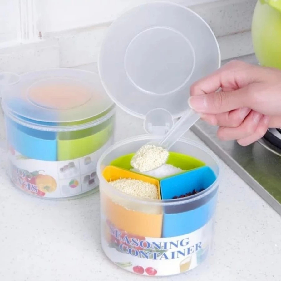 Toples Wadah Tempat Penyimpanan Bumbu Bahan Masakan Snack Bentuk Bulat 3 Sekat Set Sendok Serbaguna