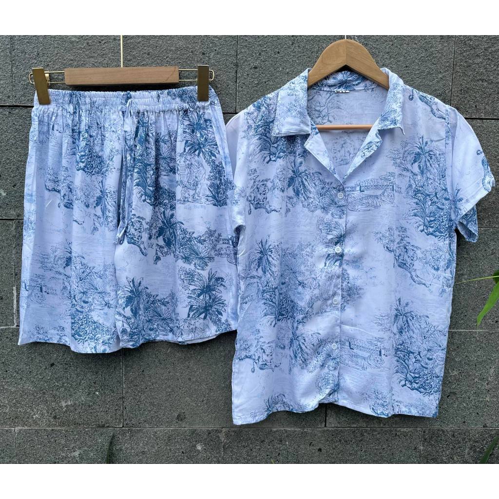 Diskont One Set Pyama Sultan Setelan Rayon Kameja Celana Pendek 1 Set Baju Santai Wanita Motif Viral