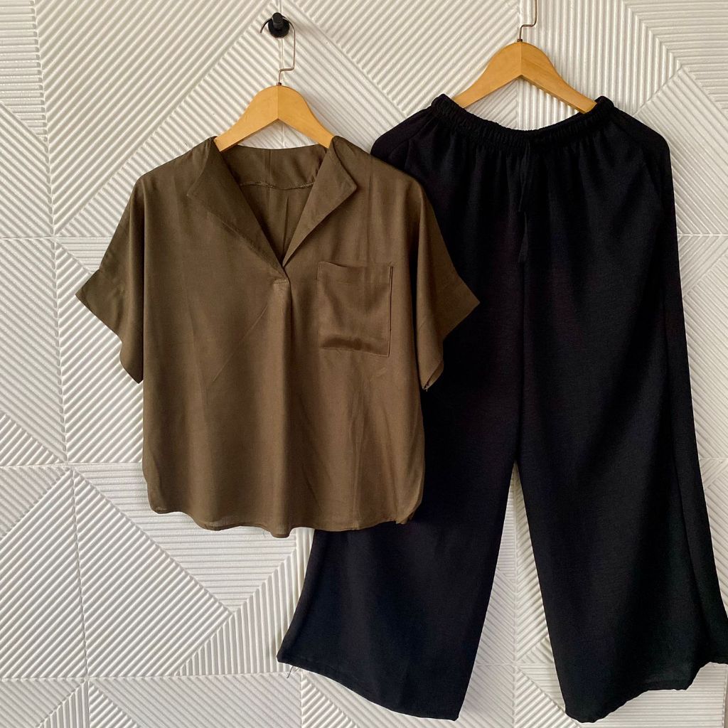 Disa Set Katun Rayon / Setelan Celana Panjang Wanita / One Set Vneck Polos Tangan Pendek