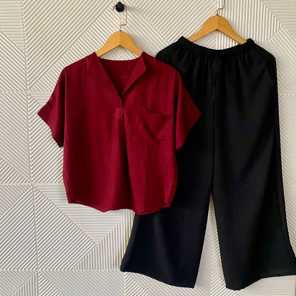 Disa Set Katun Rayon / Setelan Celana Panjang Wanita / One Set Vneck Polos Tangan Pendek