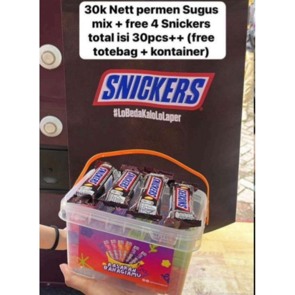 

Permen Sugus mix + free 4 Snickers total isi 30pcs++ (free totebag+kontainer)