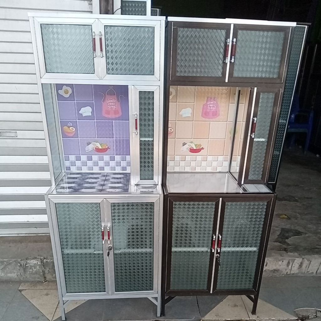 Rak piring 2pintu keramik kaca aluminium