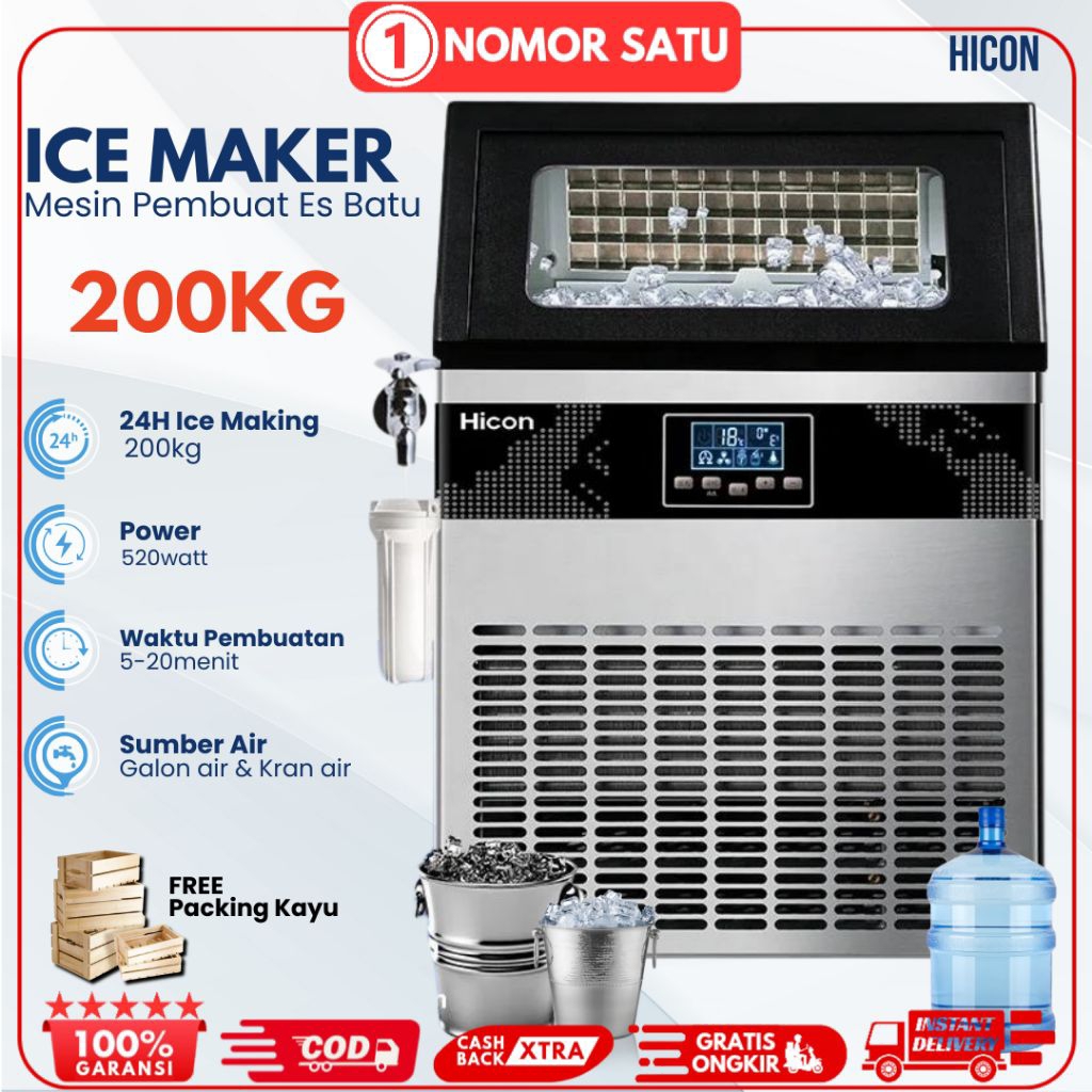HICON Mesin Pembuat Es Batu Kristal 200kg/24Jam Ice Cube Maker Machine 200kg/hari