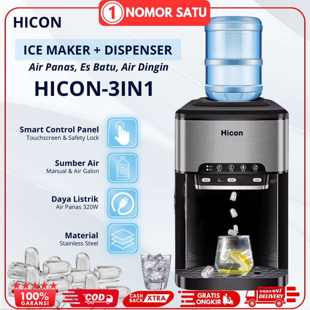 Mesin Es Batu Dispenser Multifungsi 30kg/24jam Air Dingin, Air Panas Dan Es Batu