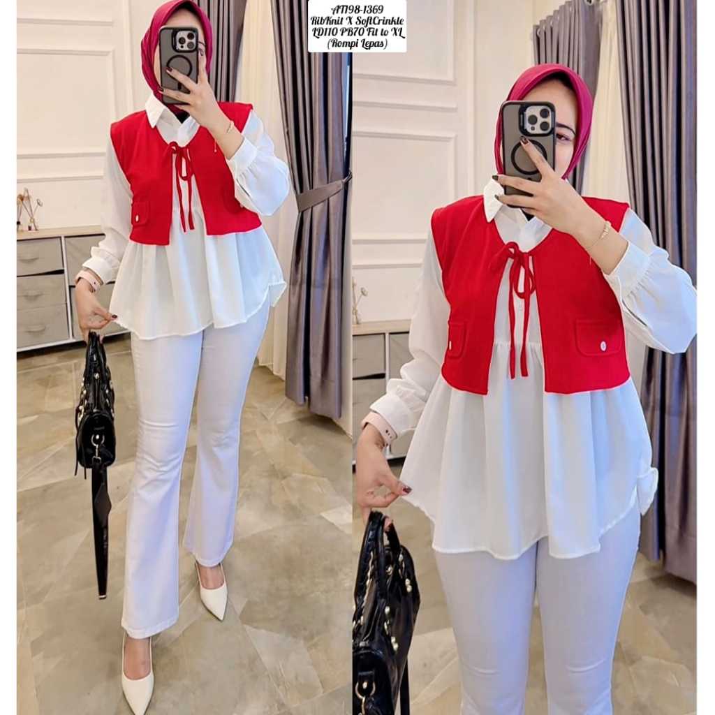 Atasan crinkle merah putih wanita model rompi tali pinggang / kemeja 17 agustus wanita - blouse keme