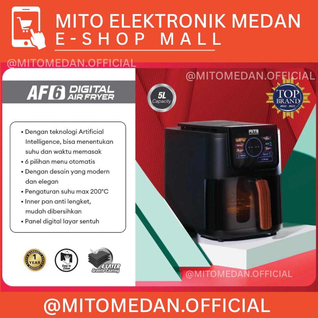 MITO MEDAN - MITO Air Fryer AF6 Smart AI-Fryer Digital, Low Watt, 5L Semi Transparan, Touch Screen L