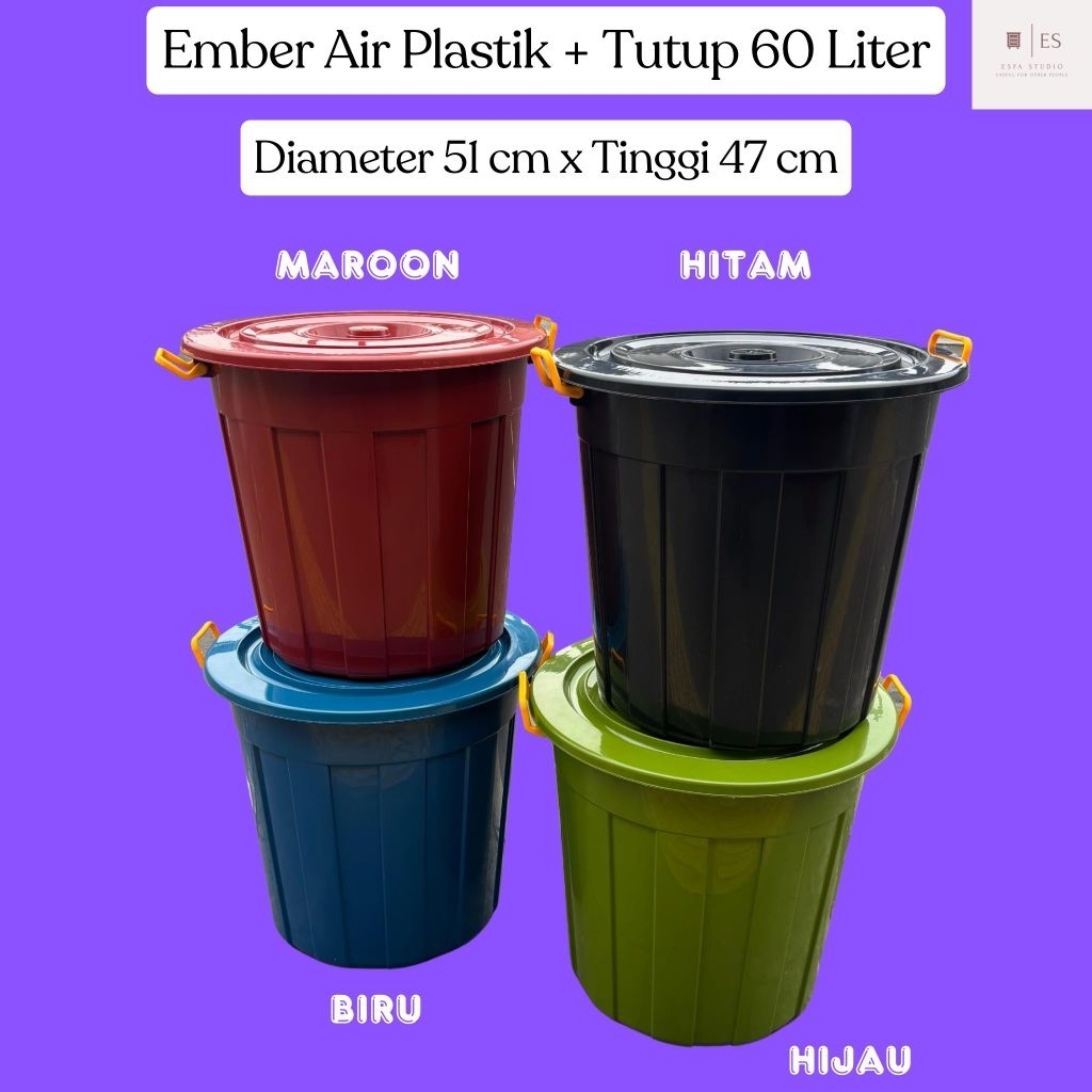 EMBER AIR PLASTIK + TUTUP 60 LITER WARNA / EMBER PLASTIK BESAR JUMBO / EMBER / BAK