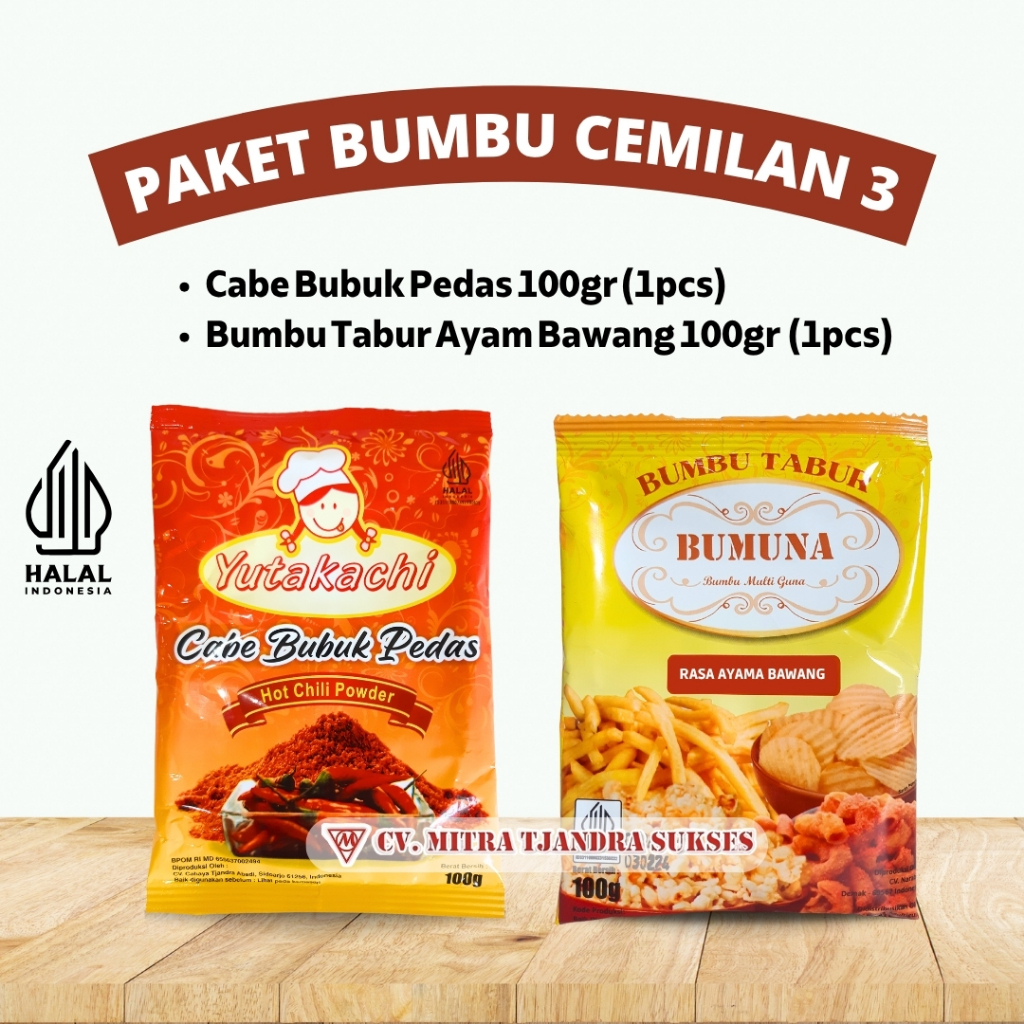 

PAKET HEMAT BUMBU CEMILAN 3 (Bumbu Tabur Rasa Ayam Bawang 100 Gr + Cabe Bubuk Pedas 100 Gr)