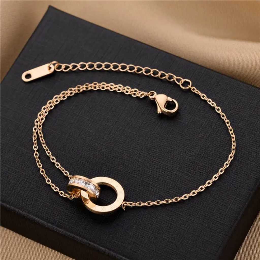 L67 Gelang Tangan Double Ring RoseGold Titanium Wanita Anti Karat