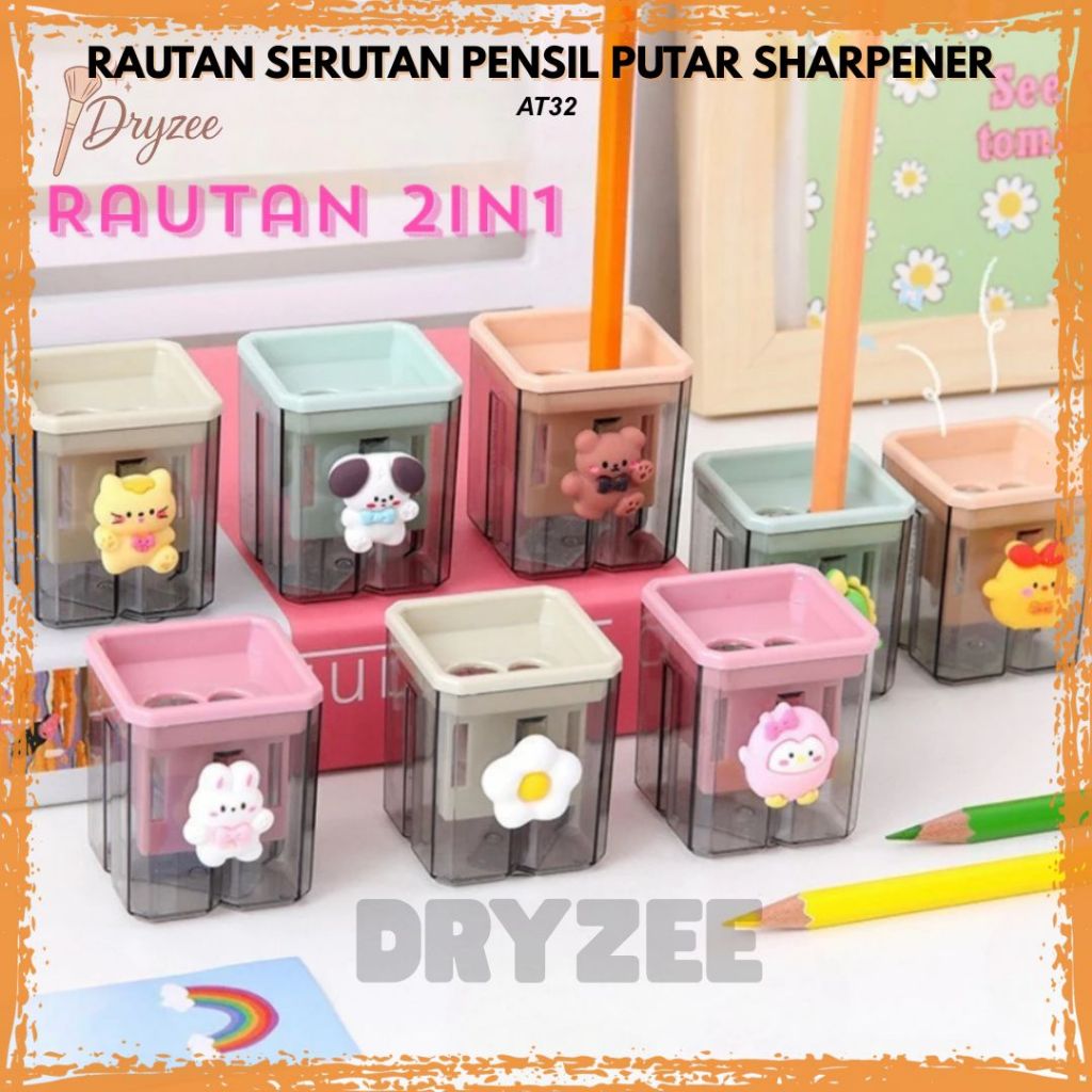 

Rautan Serutan Pensil Putar Sharpener 2 Lubang Karakter Rautan Dengan Penutup Rautan Tabung AT32