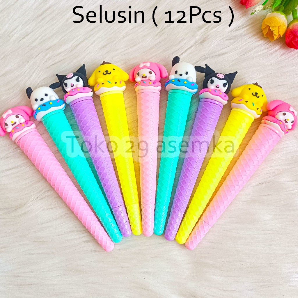 

12PCS SELUSIN PULPEN ES KRIM CONE SANRIO V2 MURAH KUROMI CINNAMOROLL MELODY PURIN BOLPEN ALAT TULIS