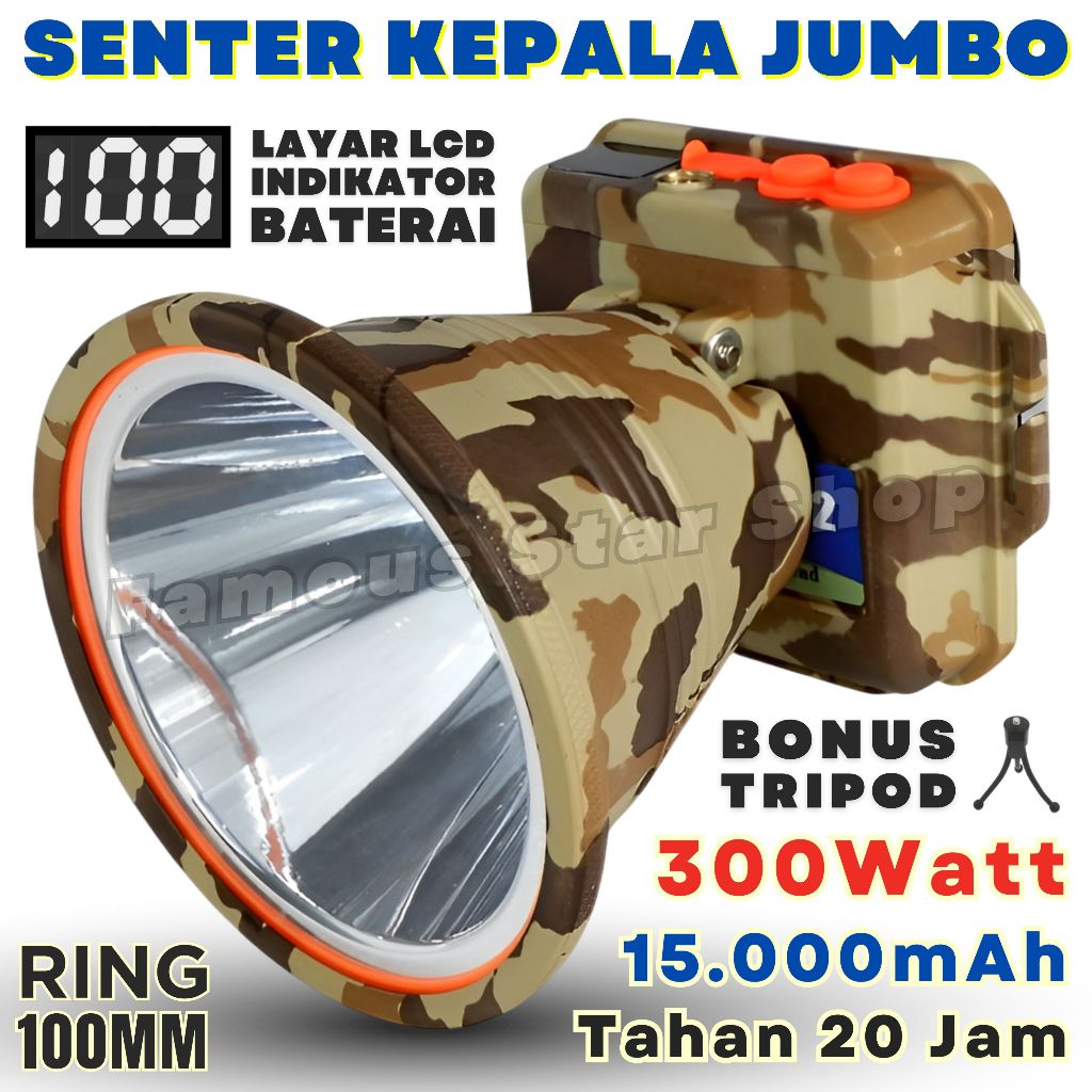 Senter Kepala Premium 300W | 15.000mAh JINLONG Cahaya Putih Tahan 20 Jam | JL-A12 /A11 | FMS