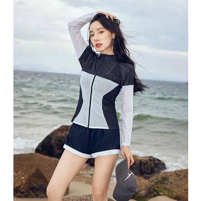 TMBM Savu 3-piece bikini baju renang swimwear swimsuit outer lengan panjang long sleeve white black 