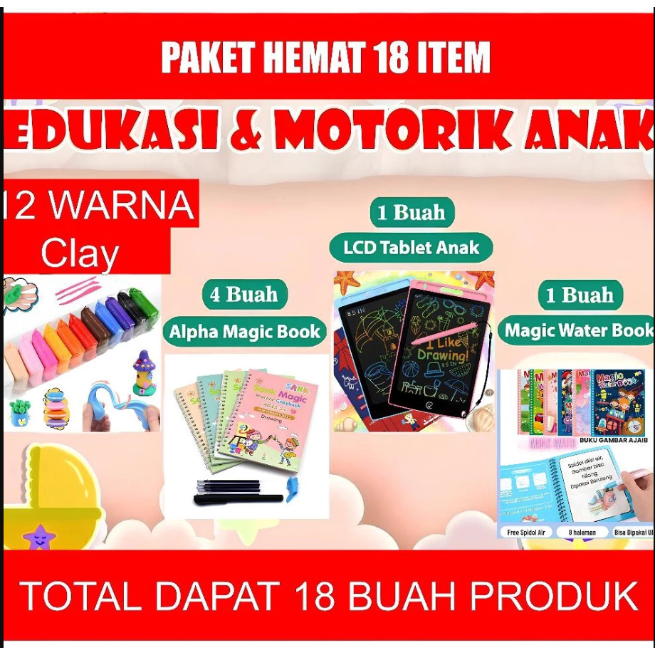 Paket Lengkap Buku Belajar Anak Menulis Menghitung Papan Lcd Tablet Clay Magic Sank Magic Water Book