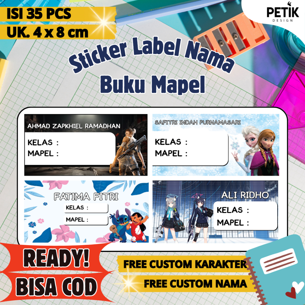 

35 PCS Stiker Label Nama Buku Sekolah Custom Berkualitas by Petik Design | Tanpa Pre Order | Bisa COD