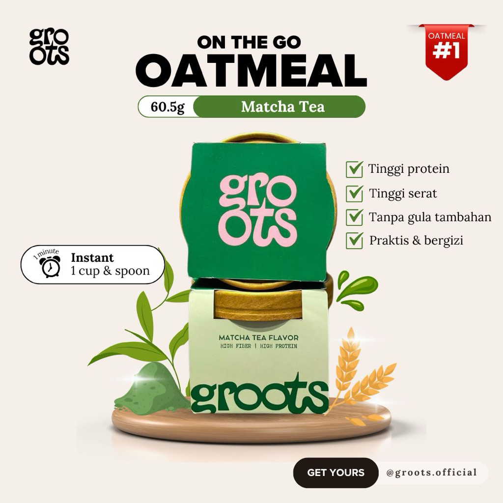 

Groots On-The-Go Oatmeal (Instant Oatmeal Cup) - Matcha Tea | High Protein | High Fiber I No Added Sugar