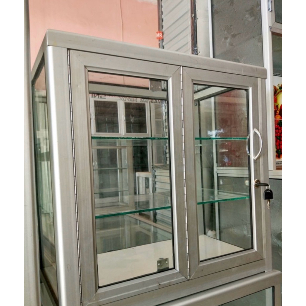 Etalase Alumunium Rak Kaca Pajangan / Dagang Display Gorengan Makanan Pintu lipat