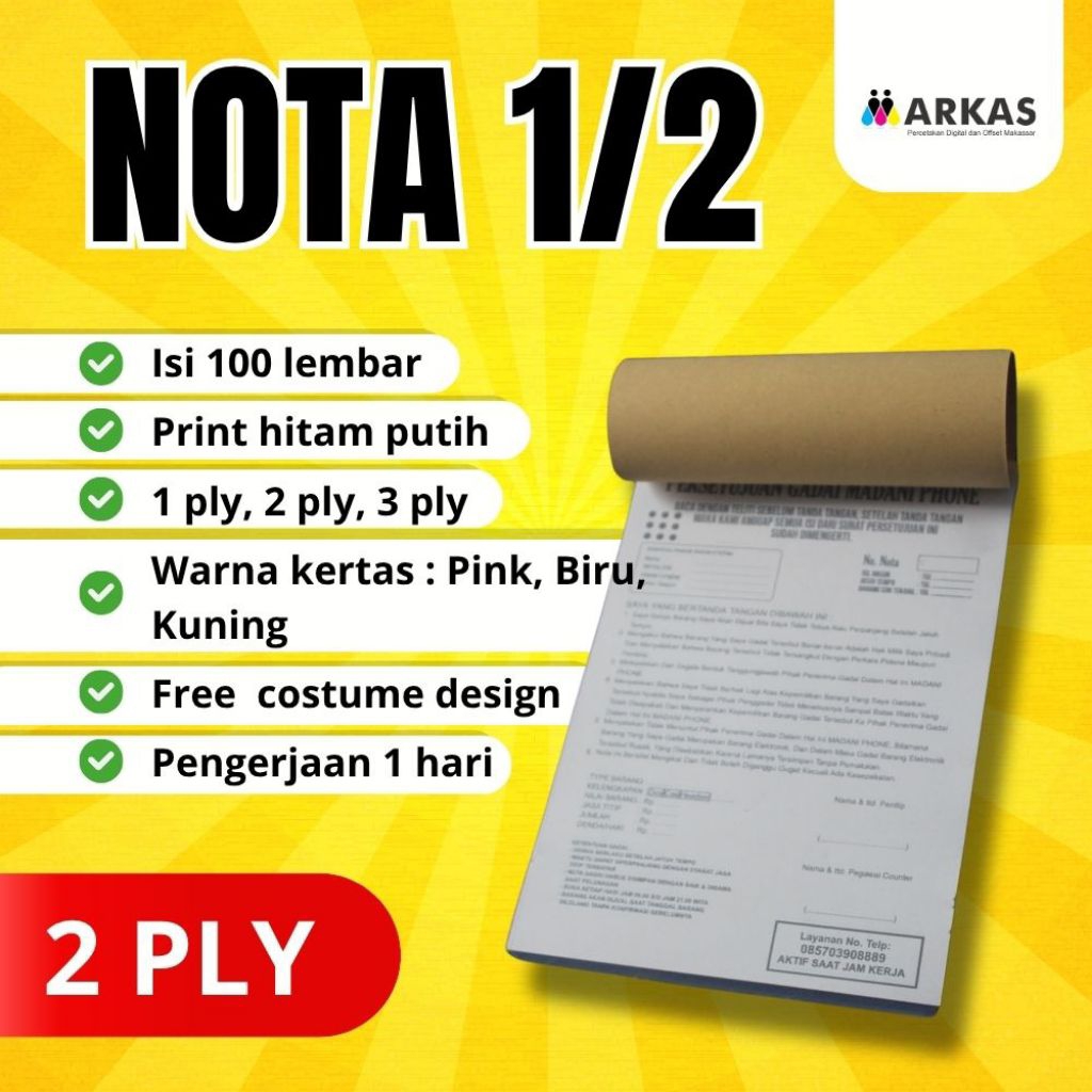 

MARKAS CETAK NOTA CUSTOM NAMA USAHA SENDIRI 1 2 3 PLY UKURAN 1/2 A5 FOLIO 21x15 CM FREE DESAIN MURAH CEPAT 1 HARI JADI