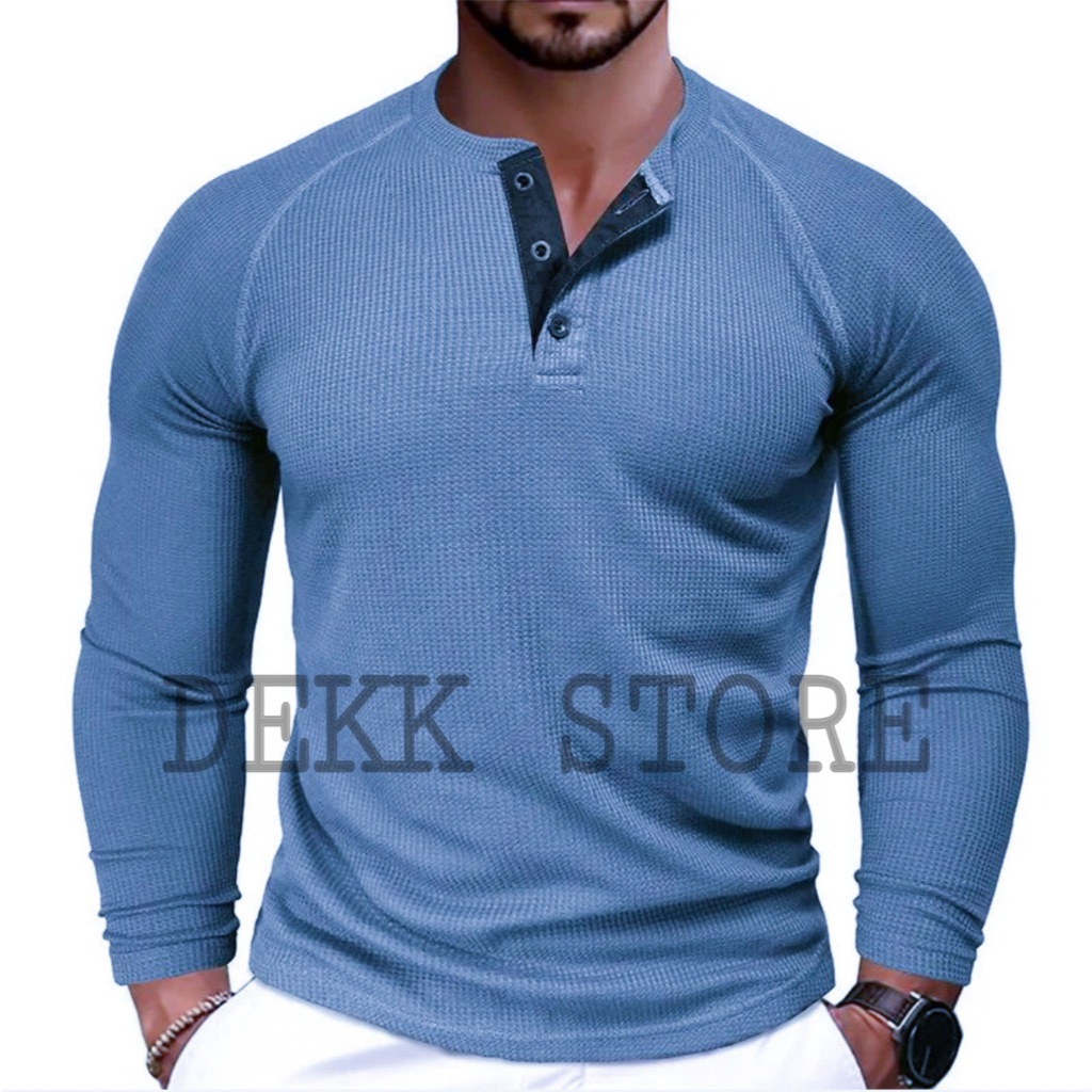 KAOS WAFFLE KNIT LENGAN PANJANG/KAOS KANCING KNIT PRIA POLOS/KAOS WAFFLE KNIT TERLARIS
