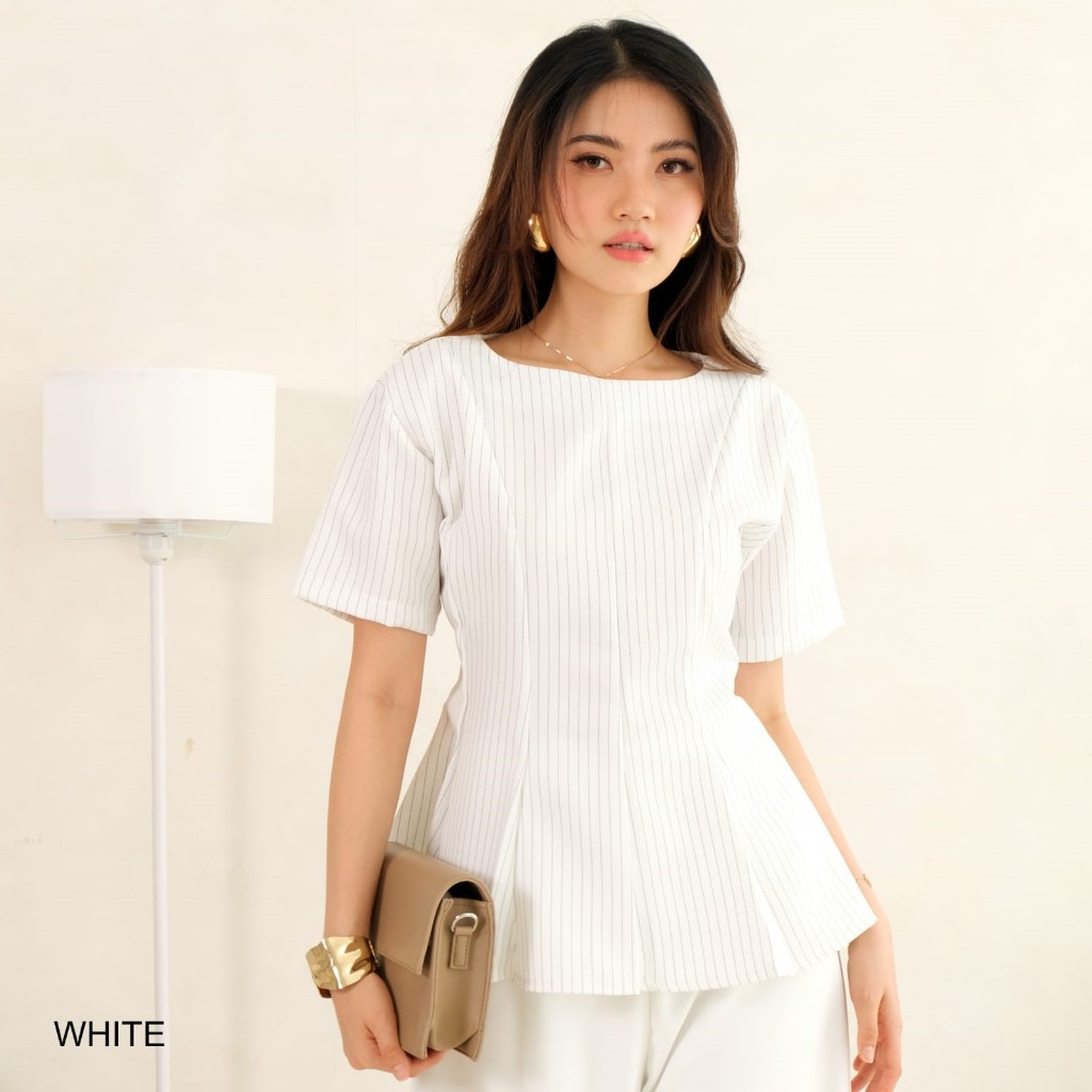 [3Sisters] Top Peplum Stripe Semiwool Baju Atasan Wanita Salur