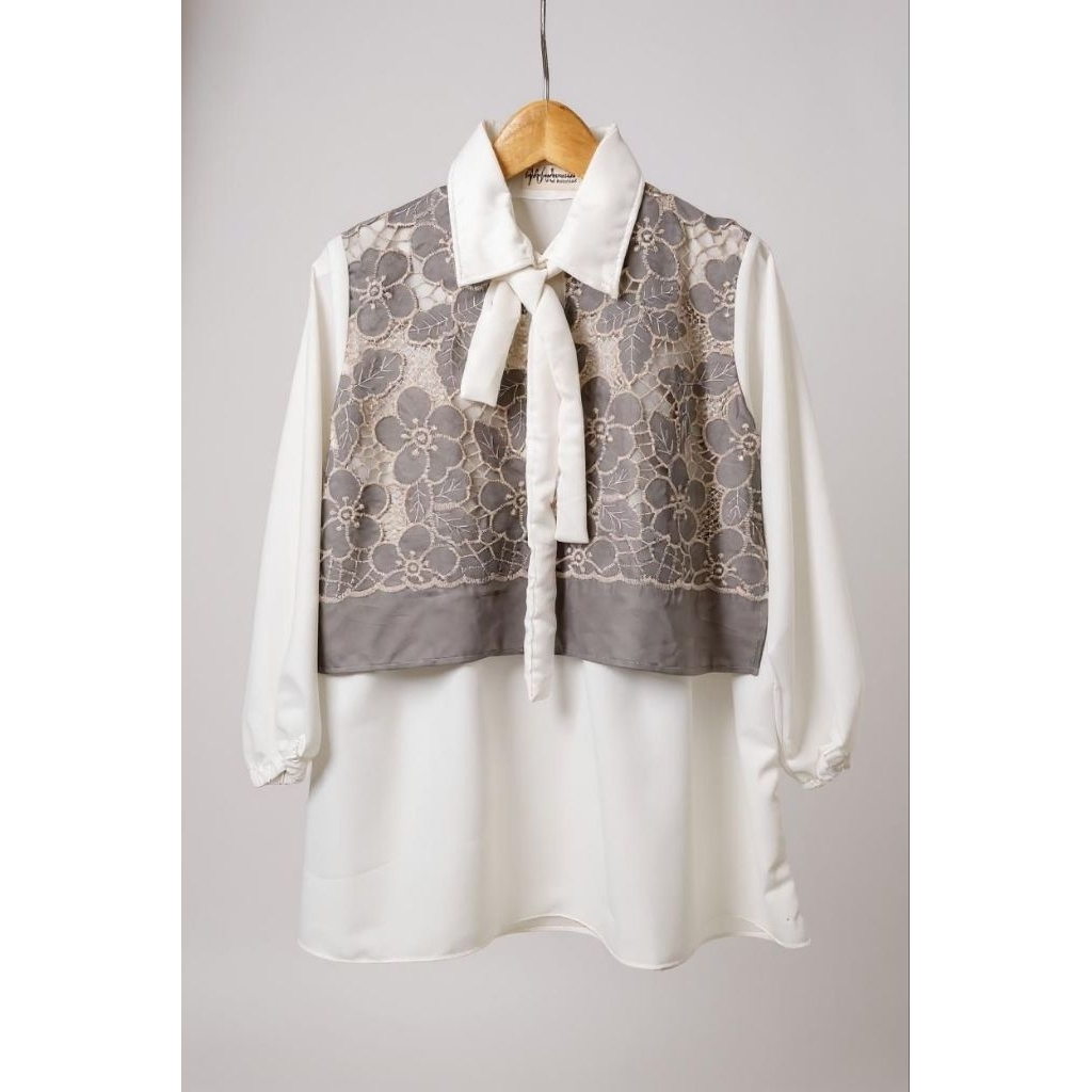 blouse wanita elegan, baju brokat modern, tunik putih kekinian, atasan kerja wanita, blouse muslim s