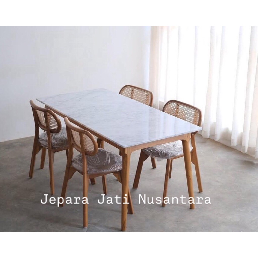 Meja Makan Marmer Putih Kayu Jati Tua Berkualitas, Kursi Makan Rotan Jati