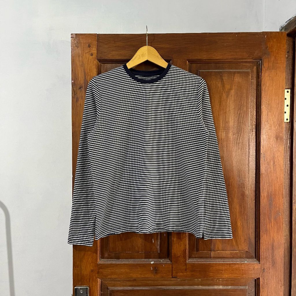 [S-M] Topten 'Woman" Cotton Navy Accent White Stripped Long Sleeve I Vintage Vtg Retro Kemeja Garis-