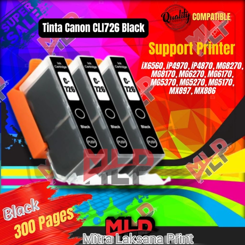 Tinta Catridge Canon CLI726 CLI 726 Black Compatible Printer PIXMA iX6560, iP4970, iP4870, MG8270