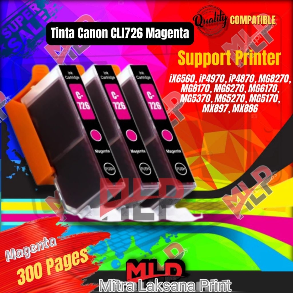 Tinta Catridge Canon CLI726 CLI 726 Magenta Compatible Printer PIXMA iX6560, iP4970, iP4870, MG8270