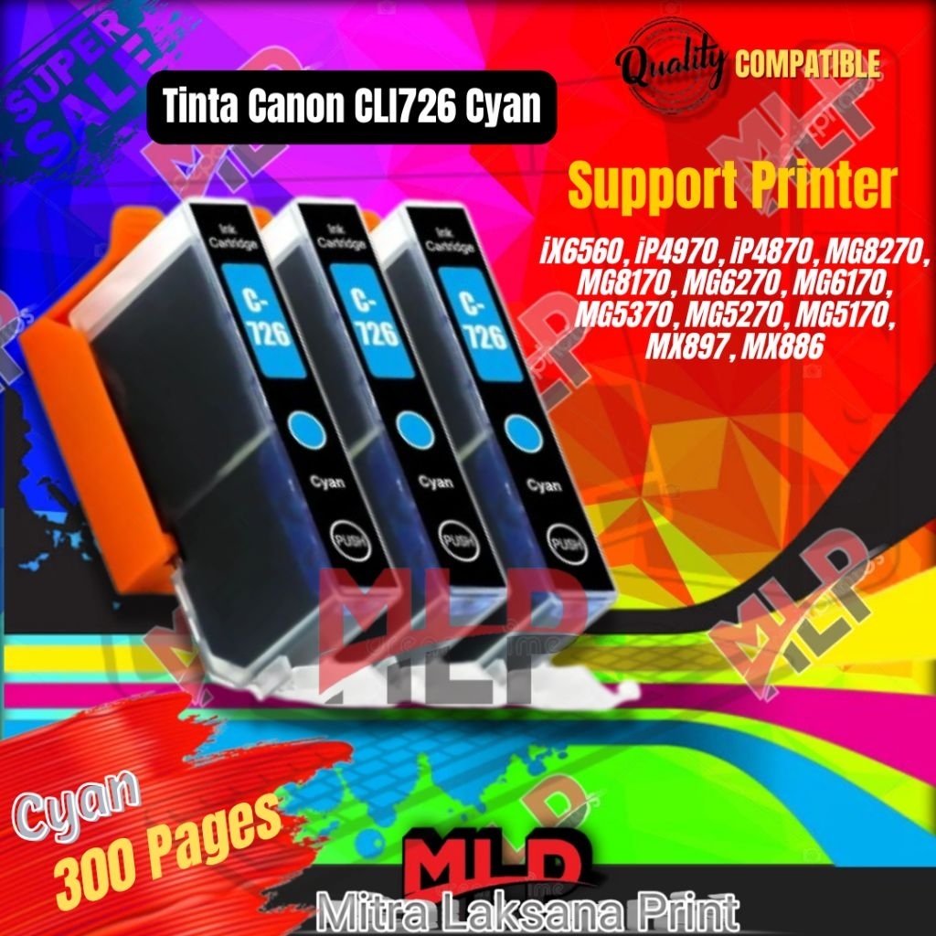 Tinta Catridge Canon CLI726 CLI 726 Cyan Compatible Printer PIXMA iX6560, iP4970, iP4870, MG8270