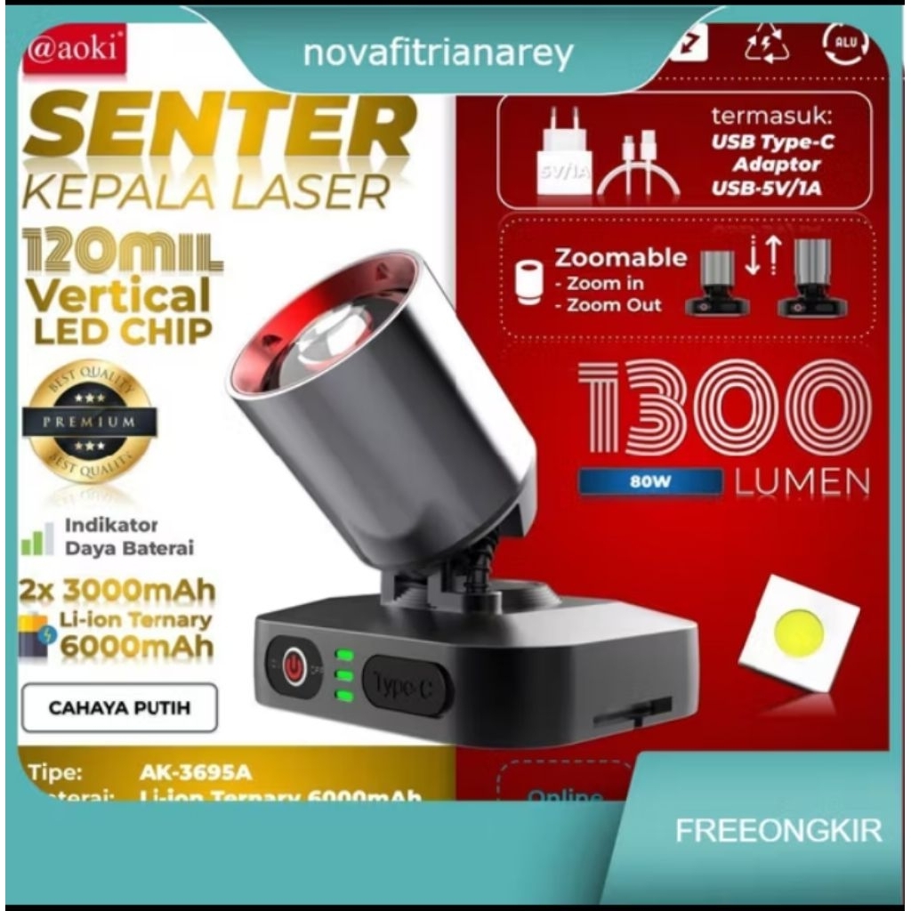 aoki ak-3695 3696 senter kepala zoom lser led 80watt 1300lmen sorot jauh cahaya putih dan kuning