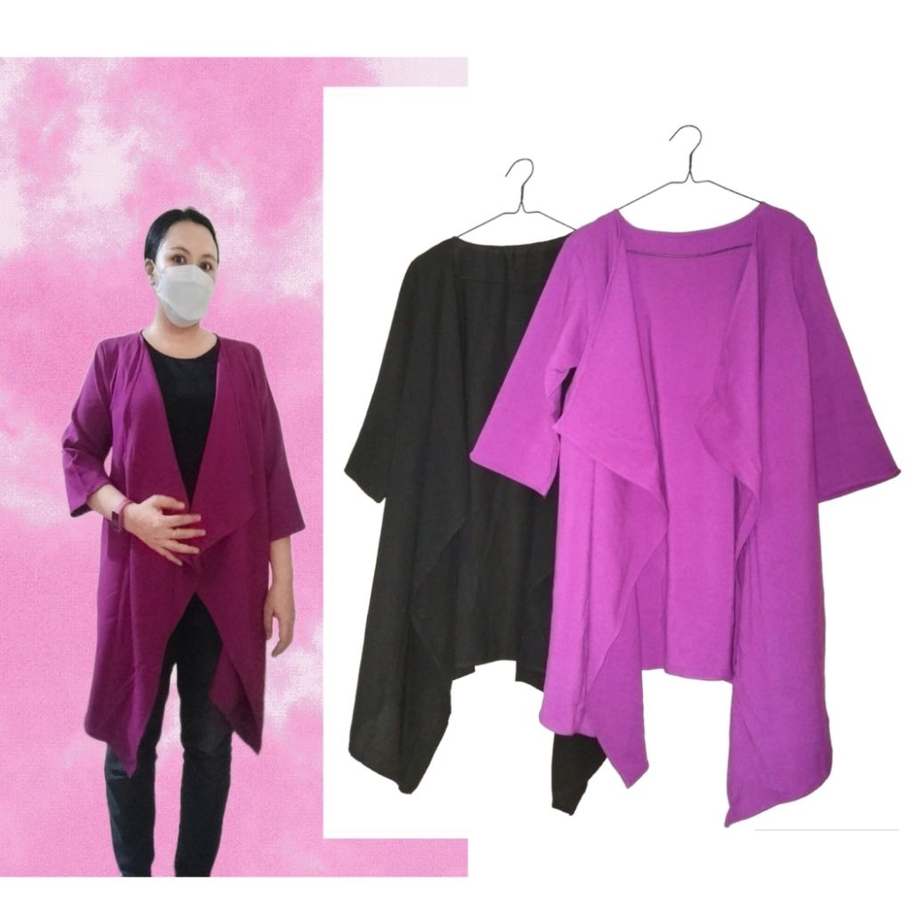 BISA COD Long Outer Cardigan Motif Polos Brokat Import All Size Jumbo