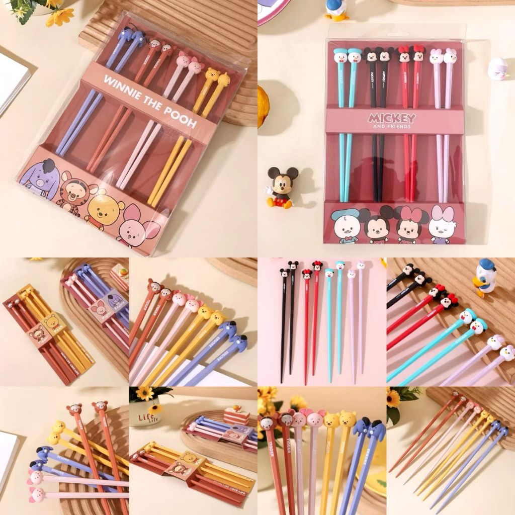 Sumpit Karakter Mickey dan Winnie The Pooh | Sumpit Anak Remaja Dewasa Lucu | Set 4pcs Sumpit Alat M