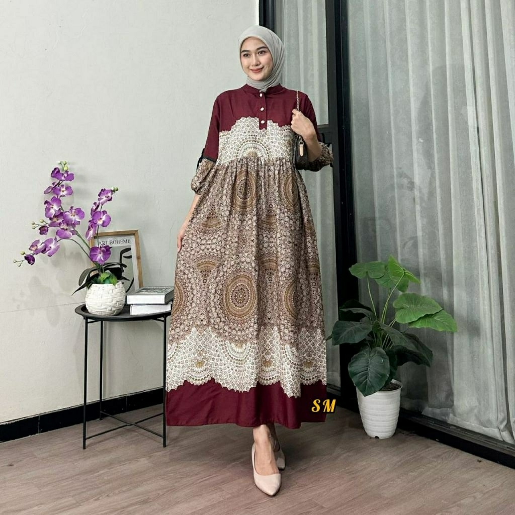 DAHLIA DRESS RAYON LENGAN BALON TALI PITA  BUSUI FRIIENDLY DRESS JUMBO WANITA