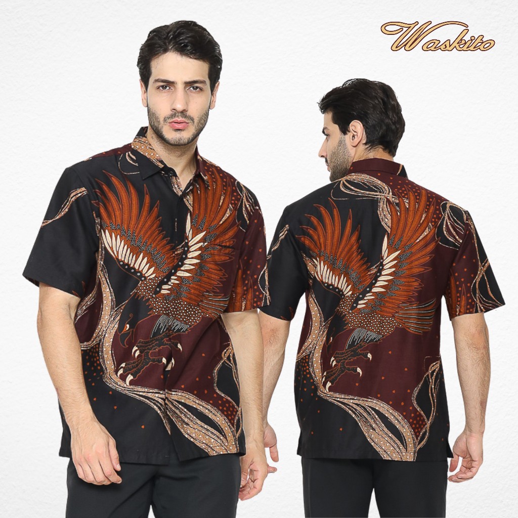 Waskito - Kemeja Batik Pria Katun Lengan Pendek Motif Merak Ngelayang HB 31567 - Maroon (merah)
