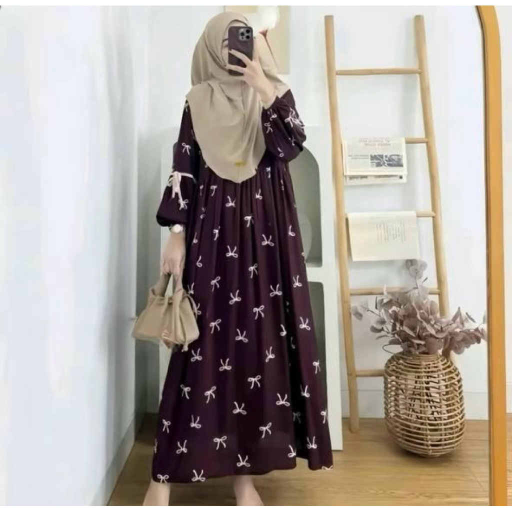 Velisa Maroon Ribbon Dress - Gamis Premium Motif Pita Elegan Muslimah Modern-1
