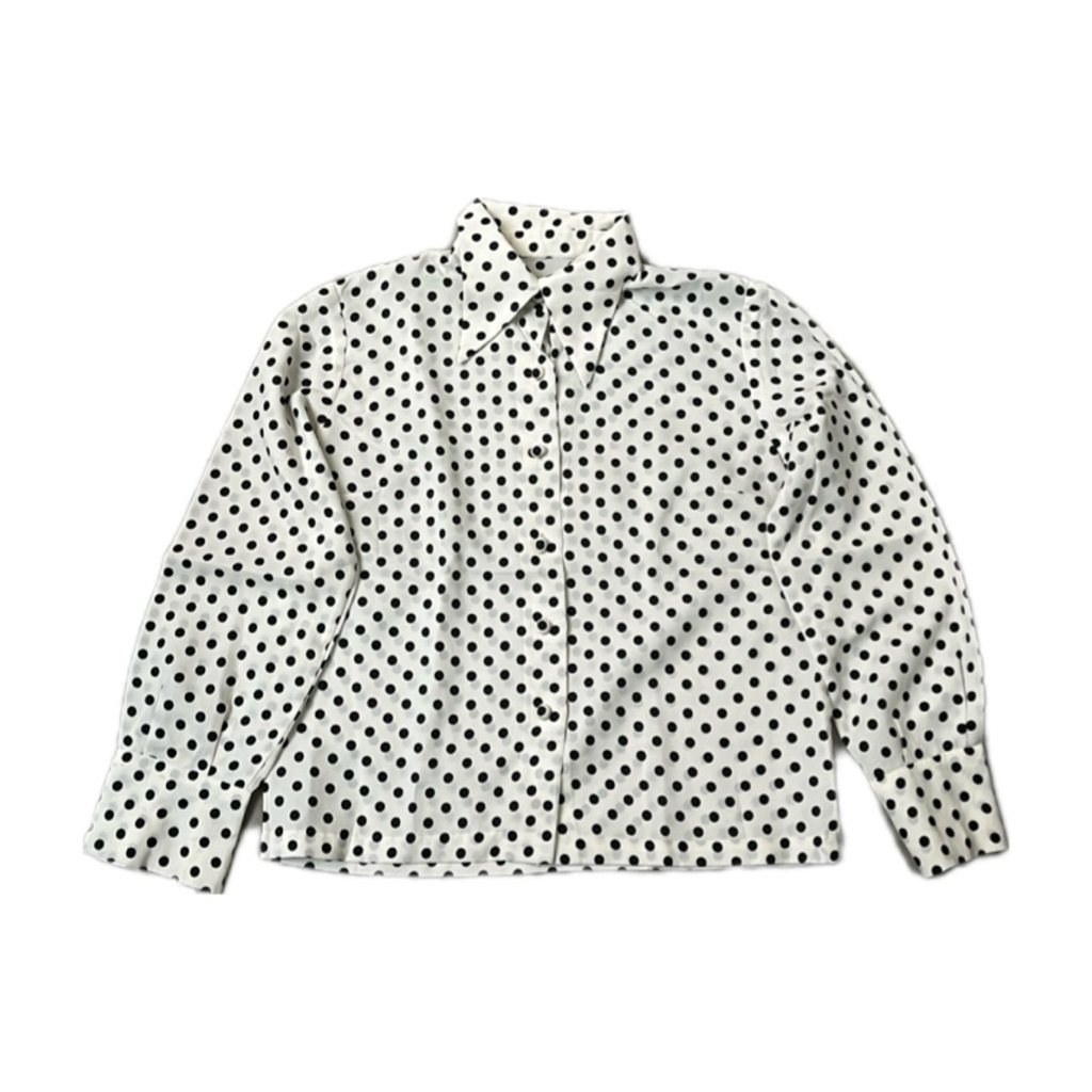 Vintage Polka Dot Blouse | cute chic retro top silky button up spotted motif bold collar classic 70s