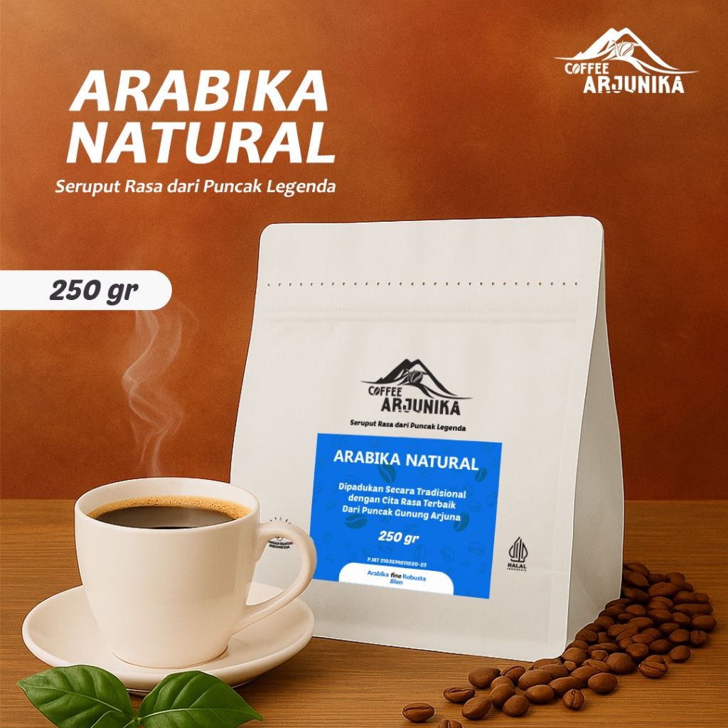

Kopi Arabika Natural Arjunika 250 gr – Bubuk / Biji Specialty Natural Process Fruity Lokal
