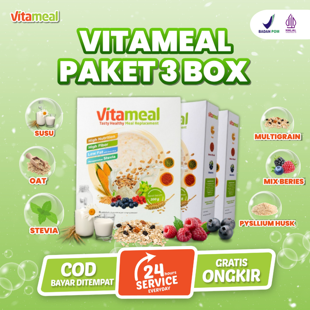 

[AMPUH] VITAMEAL PAKET 3 BOX Sereal Sehat Sumber Insulin Mencegah Diabetes Kolesterol Menurunkan Gula Darah Tinggi Mengatasi Hipertensi Bantu Program Diet Berat Badan Stabil Tanpa Efek Samping VITAMAEL GERD