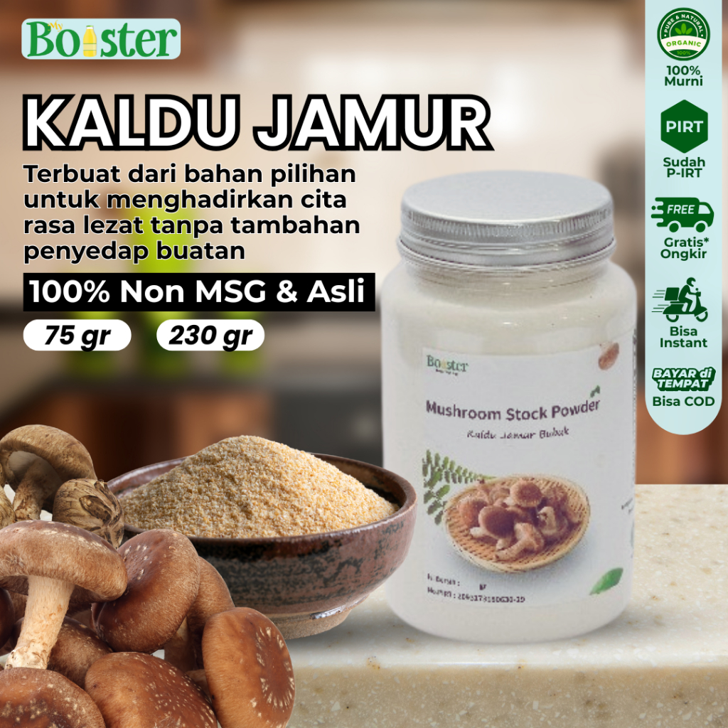 

LE MYBOOSTER KALDU JAMUR BUBUK NON MSG MUSHROOM POWDER TOTOLE BUMBU MASAK PENYEDAP RASA 75GR 230GR